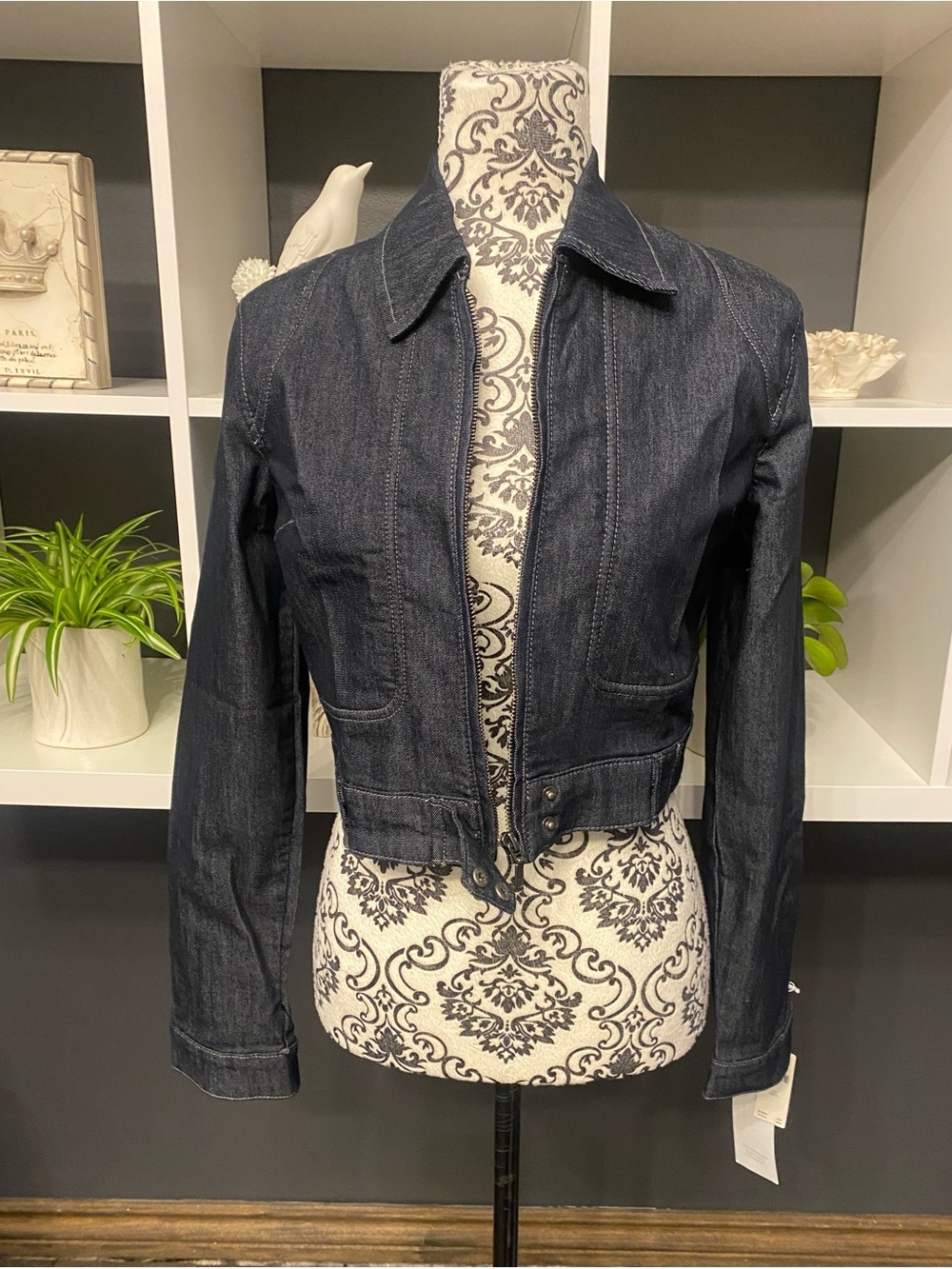 NWT Anthropologie Rumi Shrunken Stretch Denim Cropped Moto Jacket by Pilcro XXS